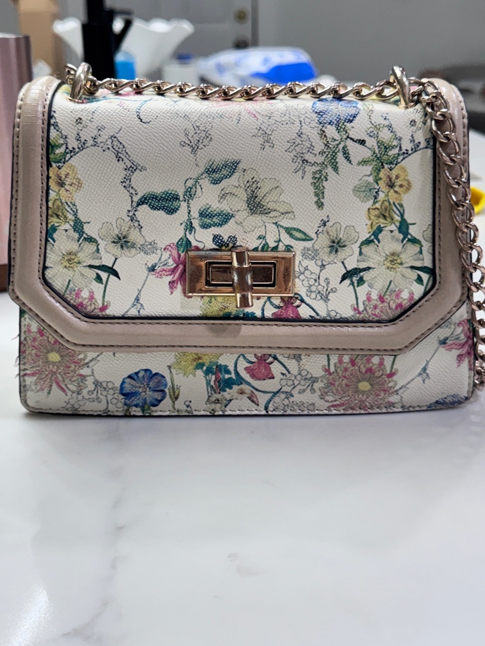 Aldo floral crossbody bag gold chain strap turn lock purse fair good condition